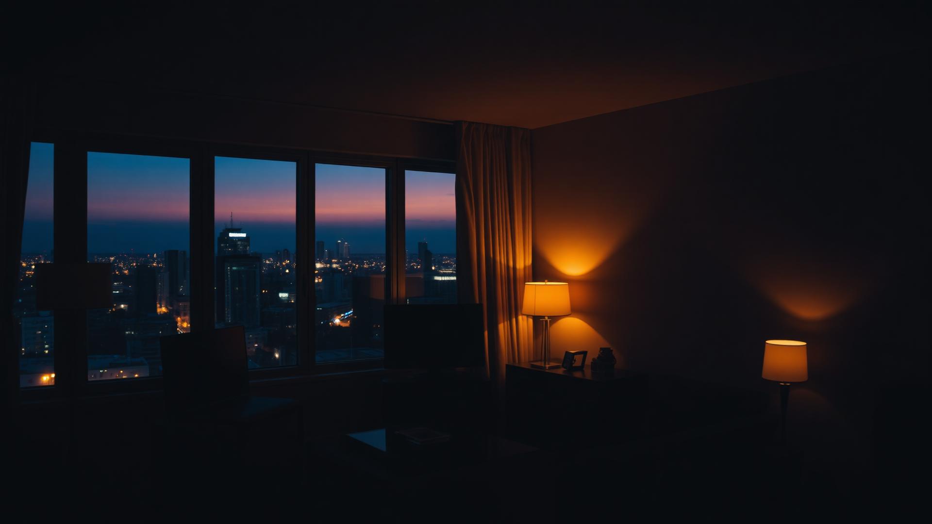The apartments glowing warmly at dusk