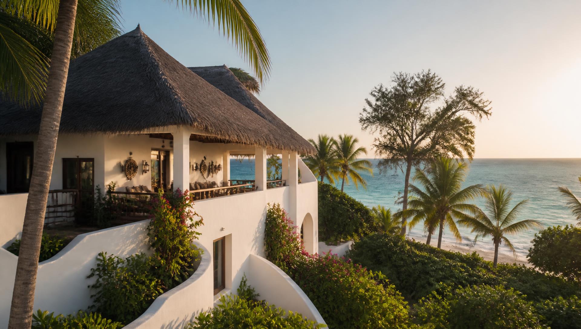 Whitewashed makuti-thatched holiday apartments overlooking the Indian Ocean at Diani Beach